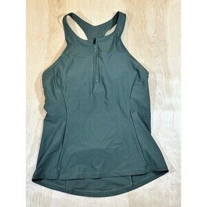 Athleta Bonaire Zip Front Tankini Small Olive Green Zip Front Fishnet Lined Logo